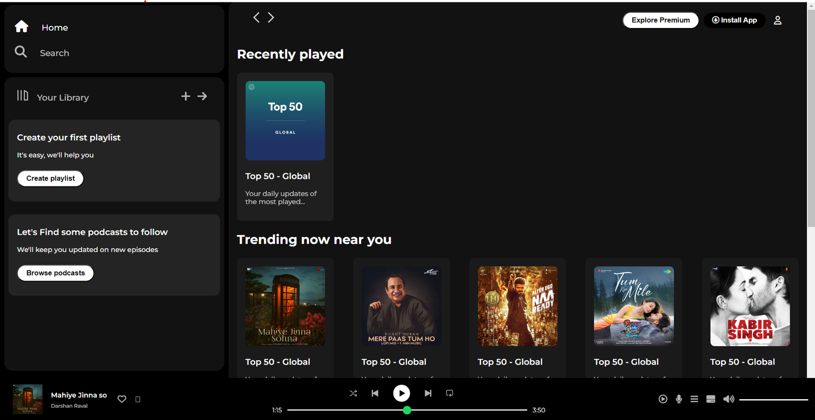 Spotify Homepage Clone — HTML CSS JavaScript Personal Project